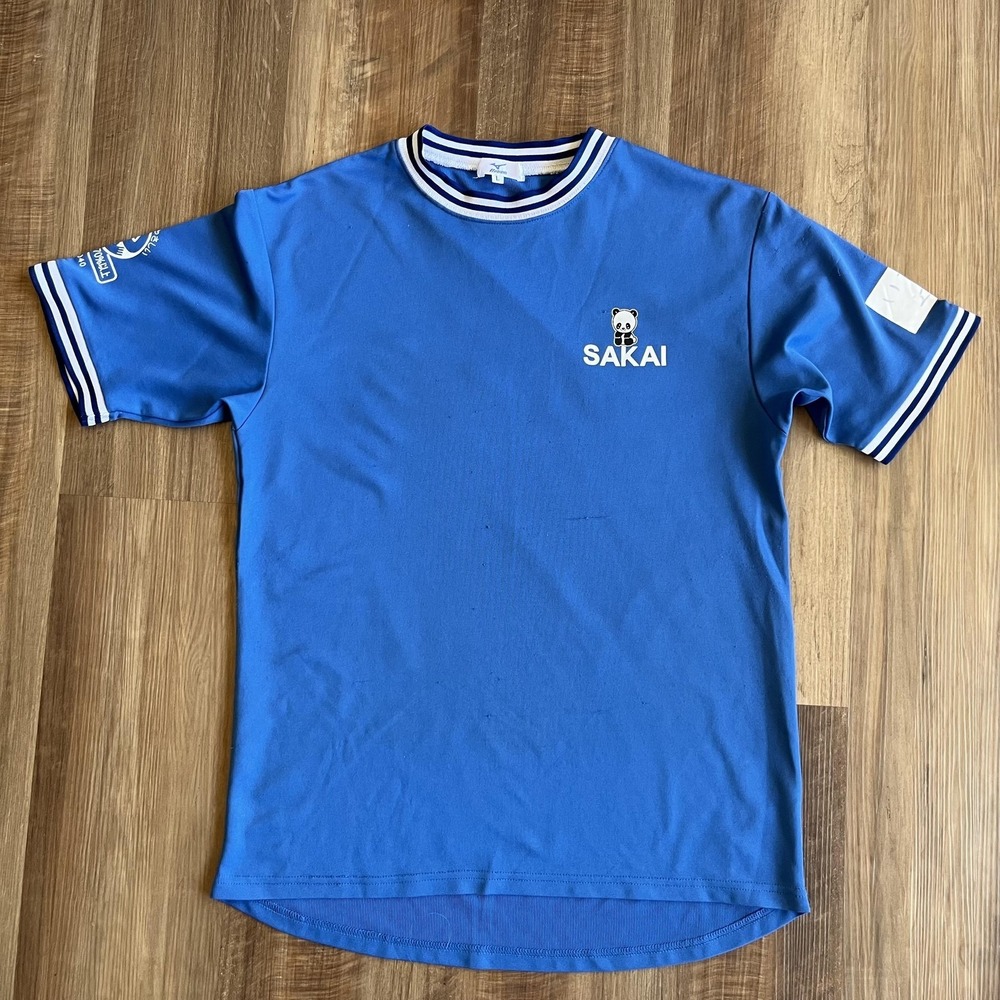 Mizuno Shirt Mens Large Blue Sakai Bear Baseball Ringer Graphic Short Sleeve Tee